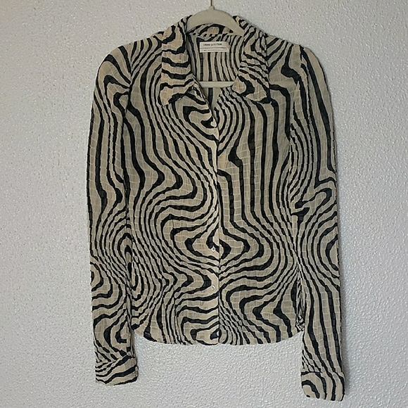 Urban Outfitters Button Up Top Slim Fit Black Cream 90s Petra Swirl Long Sleeve - Picture 3 of 12